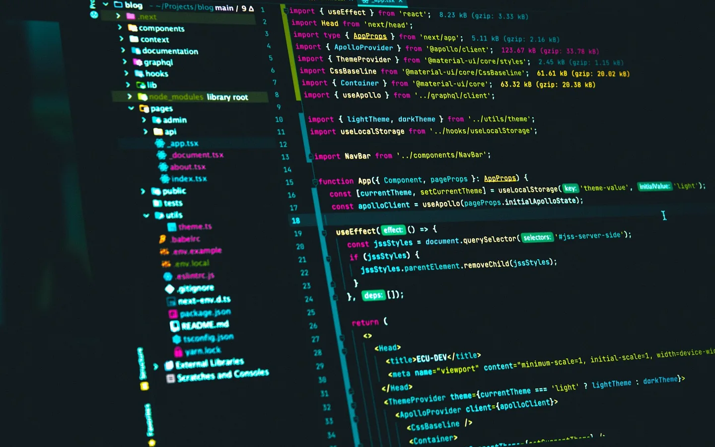 A code editor displaying React source code