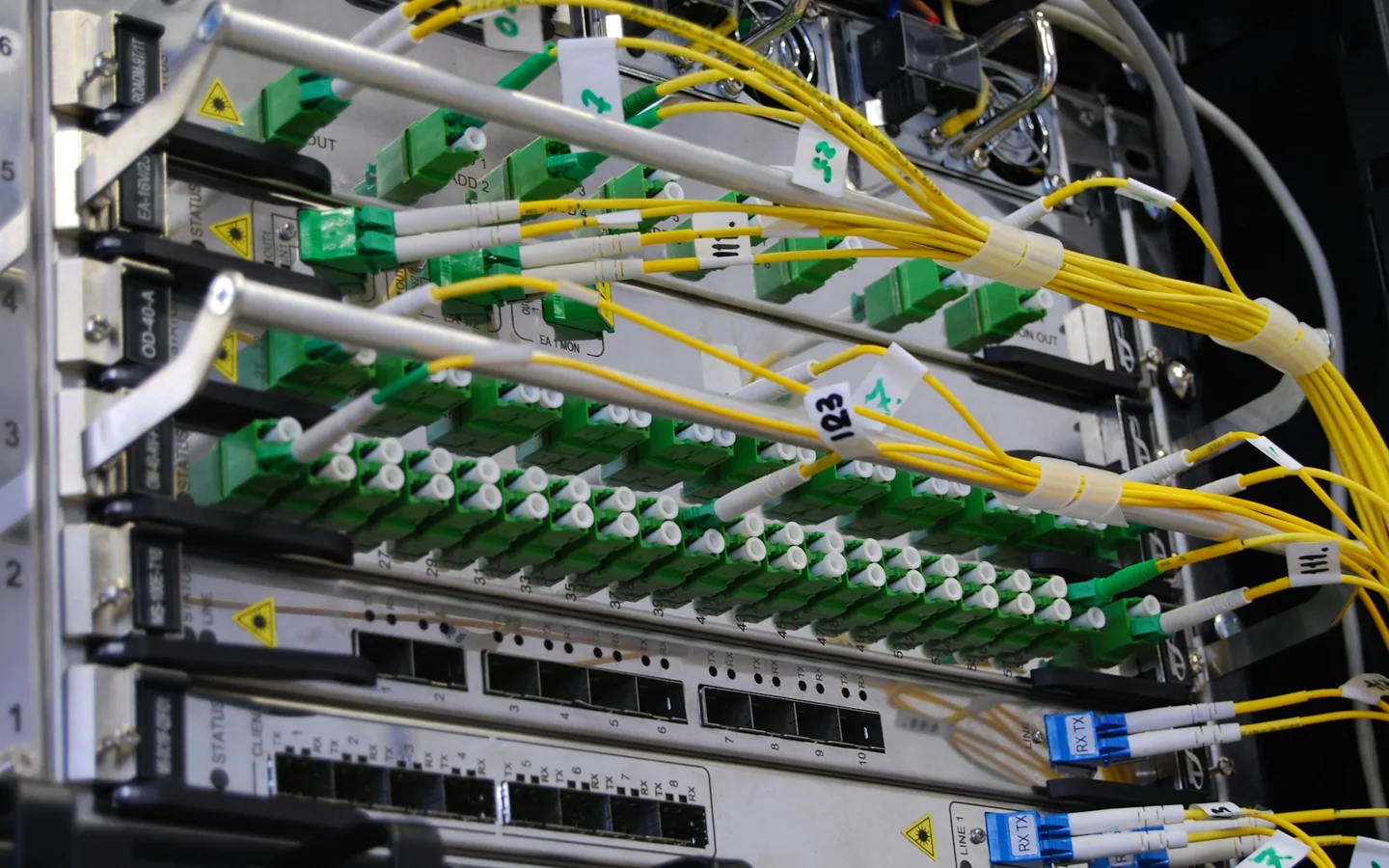 Fibre-optic cables connected to a network switch