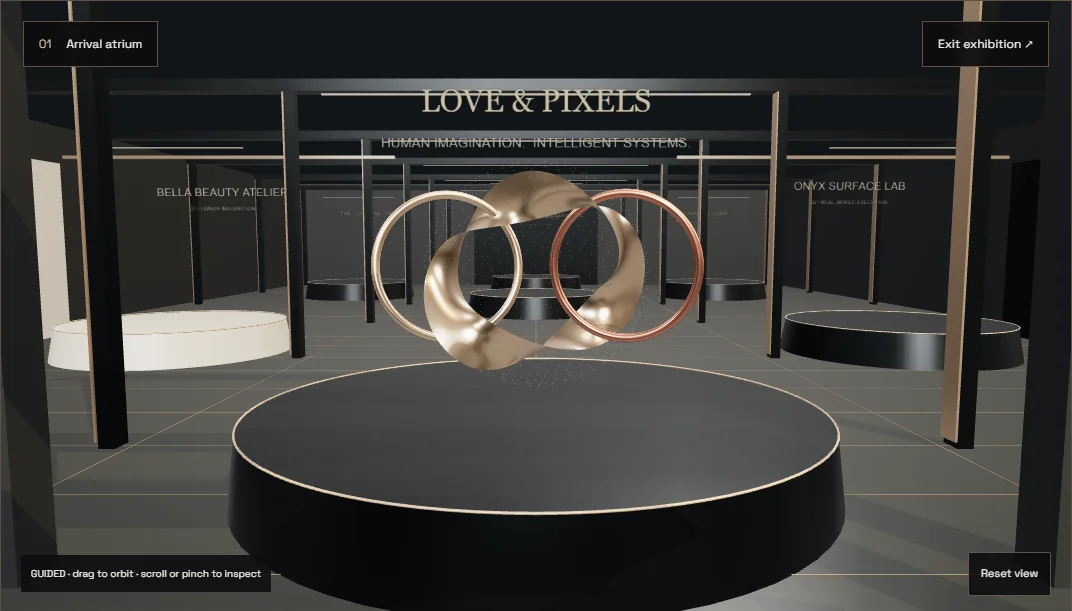 Genuine rendered view of the LPX exhibition atrium and sculptural twin-ring installation