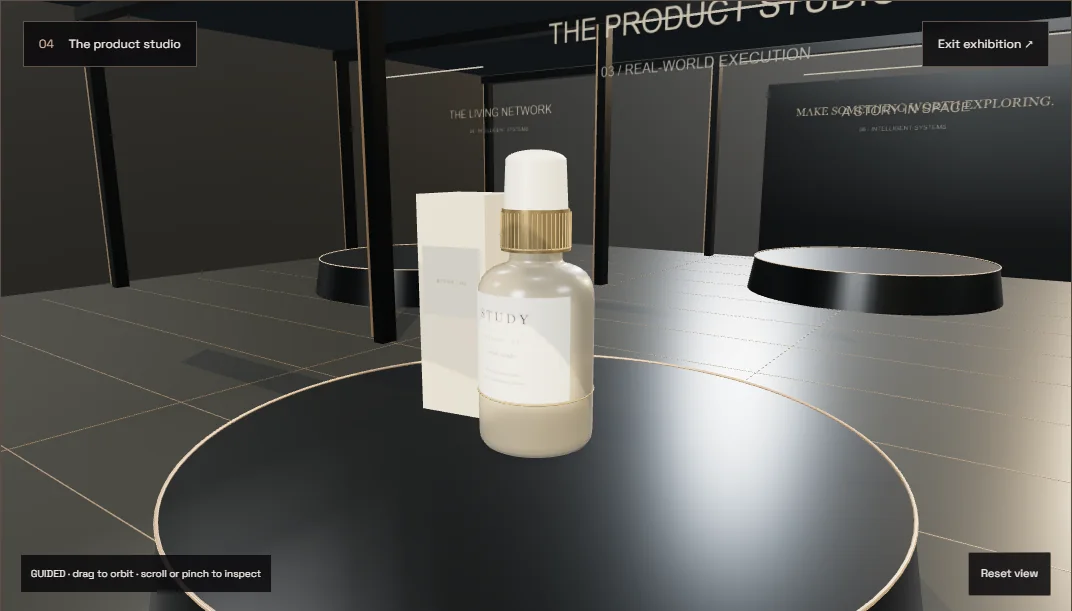 The product studio — genuine render of the original exhibition exhibit