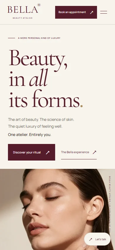 Bella Beauty Atelier public concept demo, mobile viewport